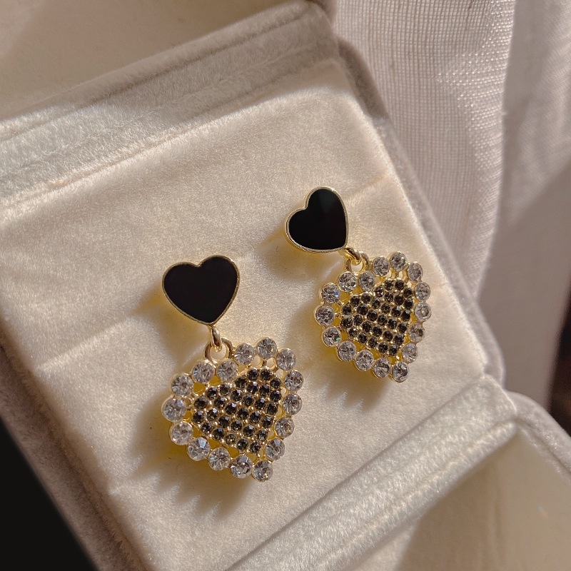 Bông Tai Hình Trái Tim Đen Đính Đá S925 Thời Trang 2022 Cho Nữ