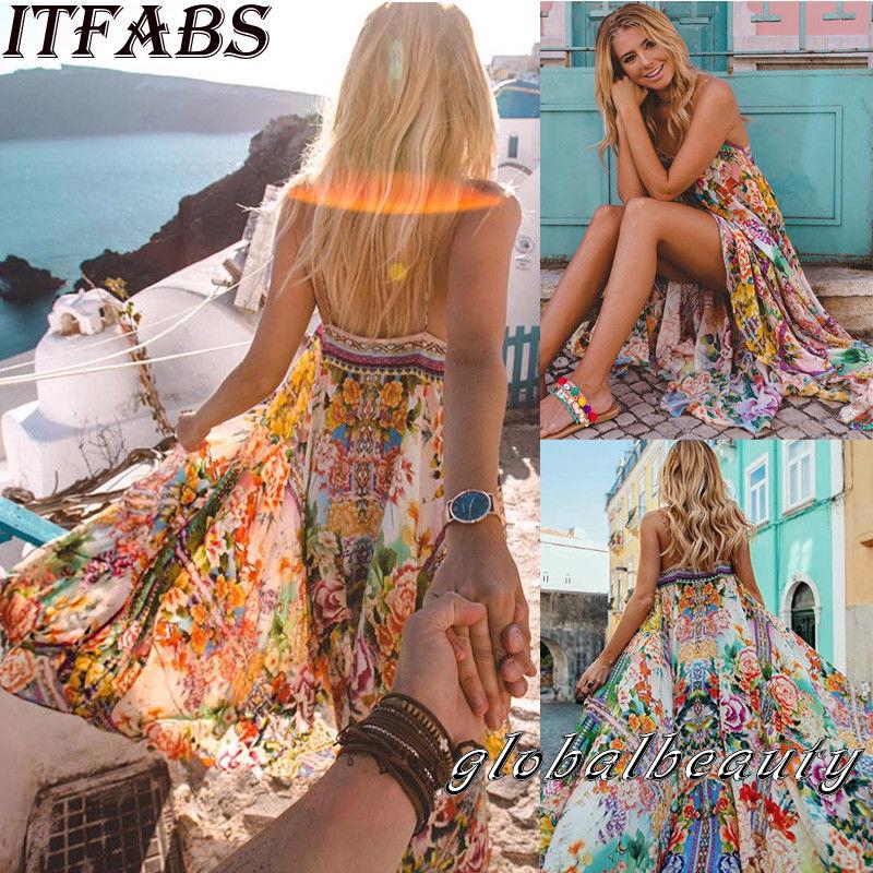 Đầm maxi hở lưng họa tiết hoa phong cách boho thời trang cho nữ