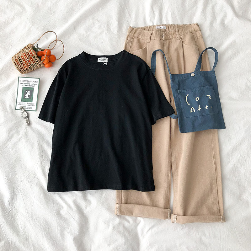 Áo Thun Cotton Tay Ngắn Dáng Suông Màu Sắc Đơn Giản Phong Cách Hàn Quốc Thời Trang Mùa Hè Cho Nữ