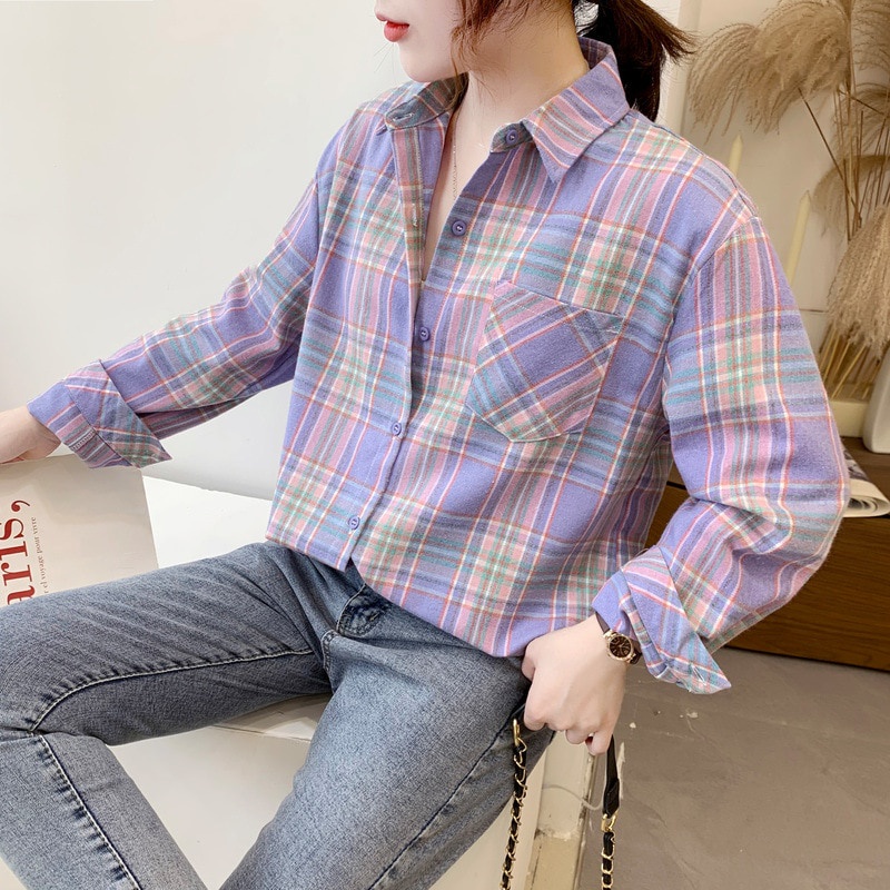 Áo sơ mi SixSisters vải cotton tay dài phối sọc caro cho nữ