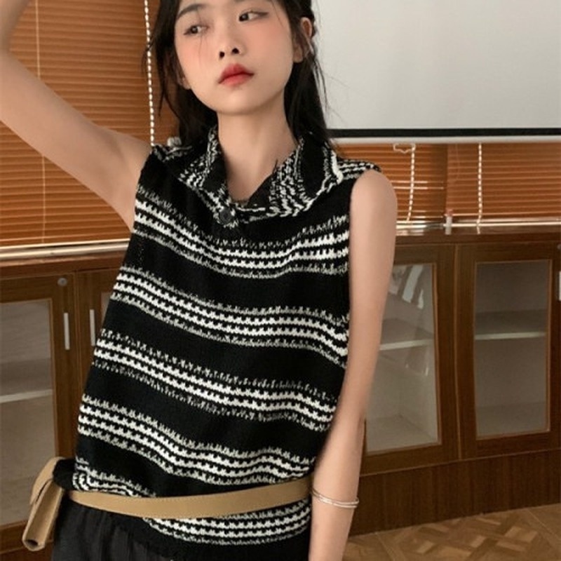 Áo Dệt Kim Không Tay Dáng Ôm Họa Tiết Kẻ Sọc Phong Cách Retro Mẫu Mới Thời Trang Mùa Hè Cho Nữ