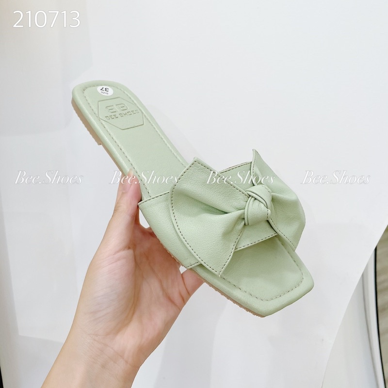 BEESHOES - DÉP NƠ NỮ DA MỀM MŨI VUÔNG - DÉP NỮ ĐẾ BỆT CÓ SẴN MÀU ĐEN - KEM - BE - NÂU - XANH - VÀNG - HỒNG 210713