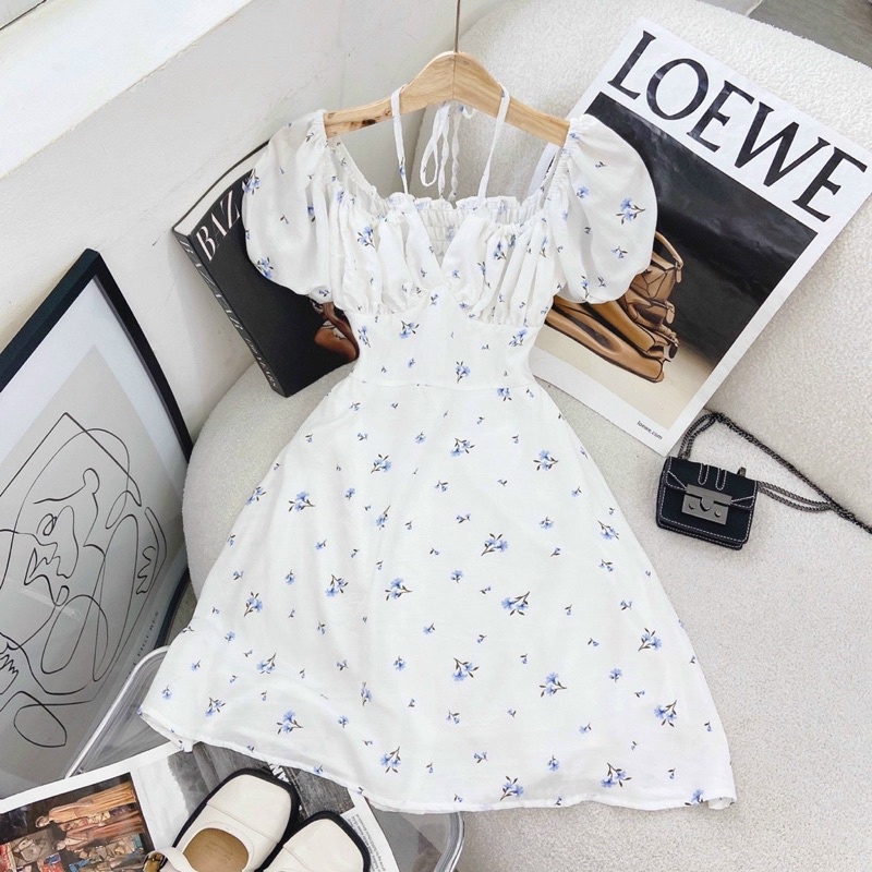 Đầm váy hoa nhí trễ vai nhún ngực dây yếm cut out lưng bo chun - Usa fashion
