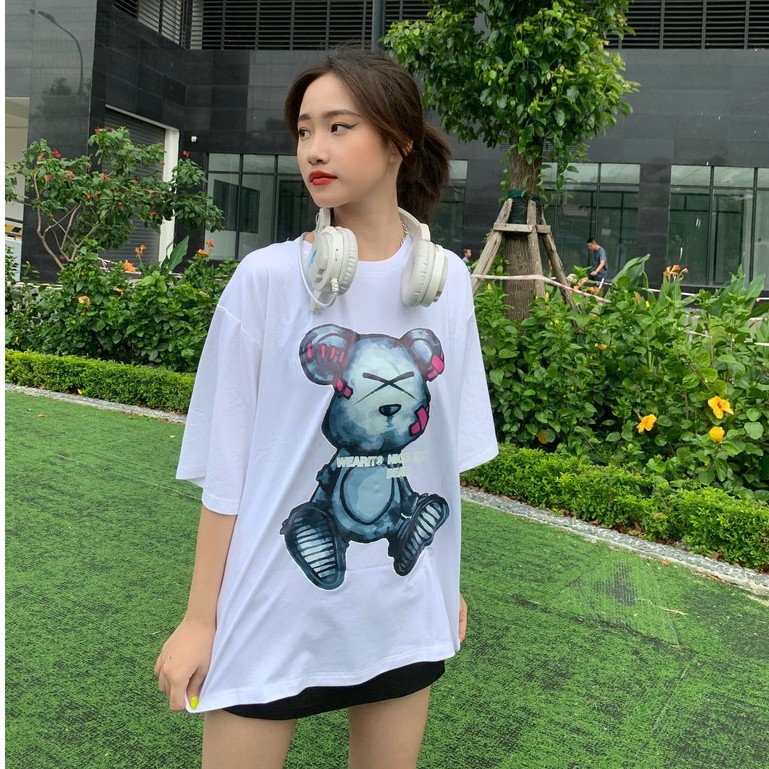 Áo thun tay lỡ WEARIT phông cotton rộng kiểu dáng thun unisex nam nữ co dãn 4 chiều Gấu xám