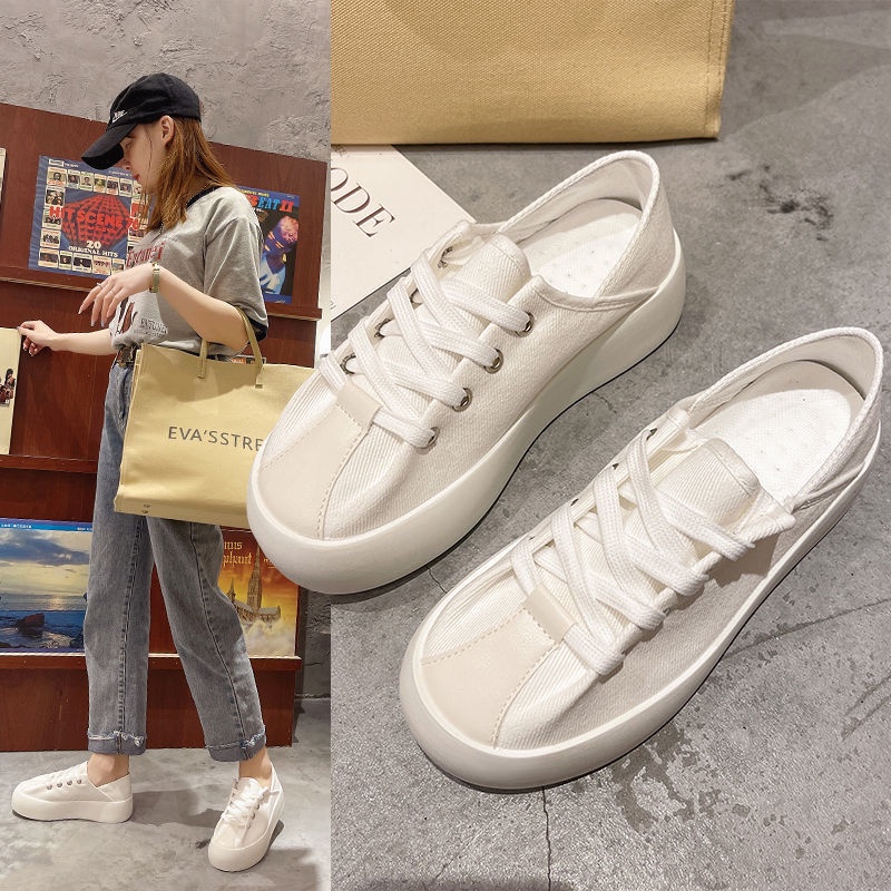 Jiashucheng Hàng Có Sẵn Giày Thể Thao Canvas Màu Trắng Phong Cách ulzzang Hàn Quốc Mùa Hè Dễ Phối Đồ Cho Nữ Sinh