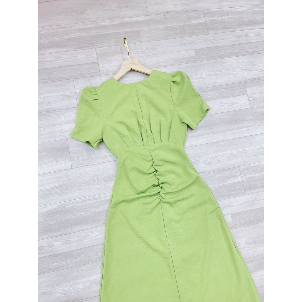 Váy xanh cốm dúm eo đầm dáng dài li ngực nâng v1 chất đũi thái mềm mát ,maxi dúm bụng che khuyết điểm-Minxy Shop