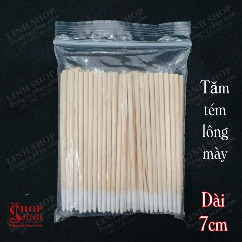 Bịch 100 cái loại 7cm Tăm tém lông mày, tăm gỗ đầu bông nhọn mềm dễ lau chùi tém mực dư thừa tiện lợi...