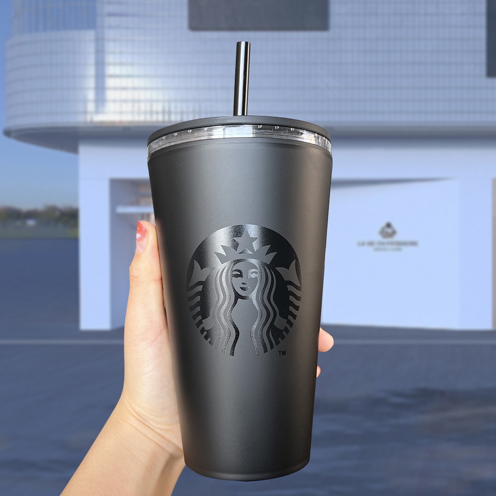 473Ml/710Ml 2 Lớp Mờ Đen Starbucks Ly Nhựa Có Nhựa Ống Hút