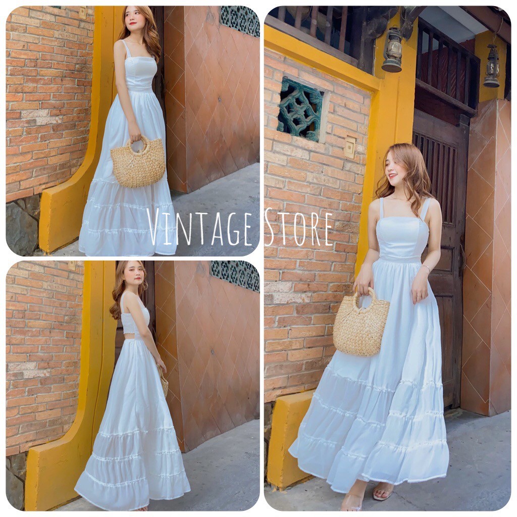 ♠ஐ¤Đầm Maxi hai dây, bo lưng hở eo, đi biển, du lịch, chụp hình VINTAGE STORE