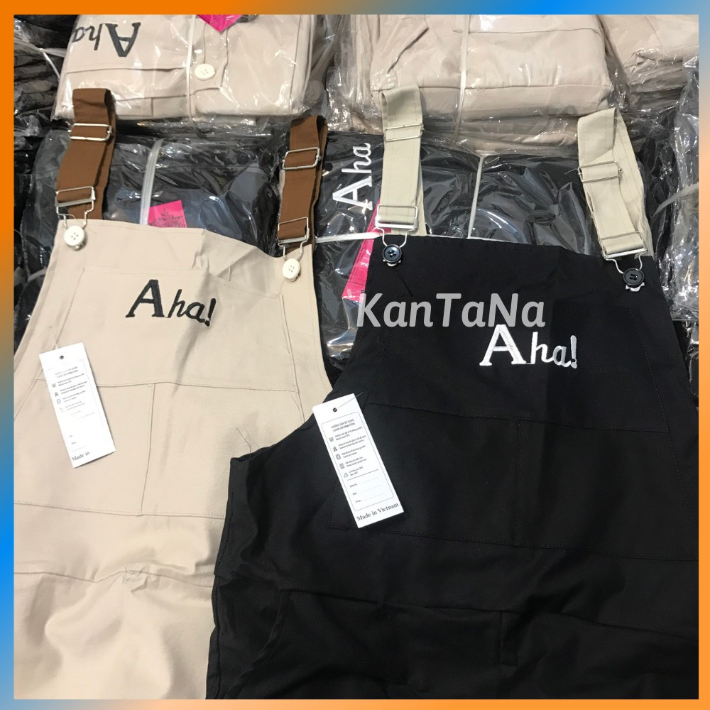 Quần yếm kaki Ulzzang thêu Aha dây phối 2 màu be, đen | BigBuy360 - bigbuy360.vn