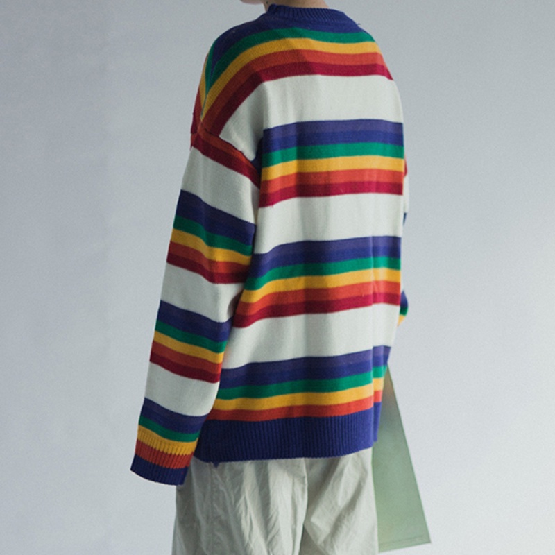 ✦AFFLIGA✦ Áo Sweater Cổ Tròn Dáng Rộng Kẻ Sọc Cầu Vồng Kiểu Retro Hàn Quốc Cá Tính Cho Nam