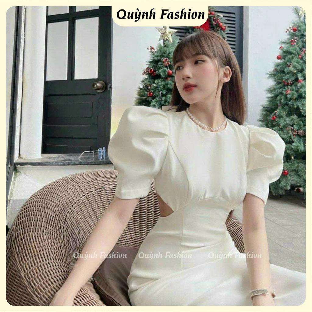 Đầm Body Khoét Eo Tay Phồng Dáng Dài QUỲNH FASHION Chất Liệu Umi dày dặn Freesize 46-52kg