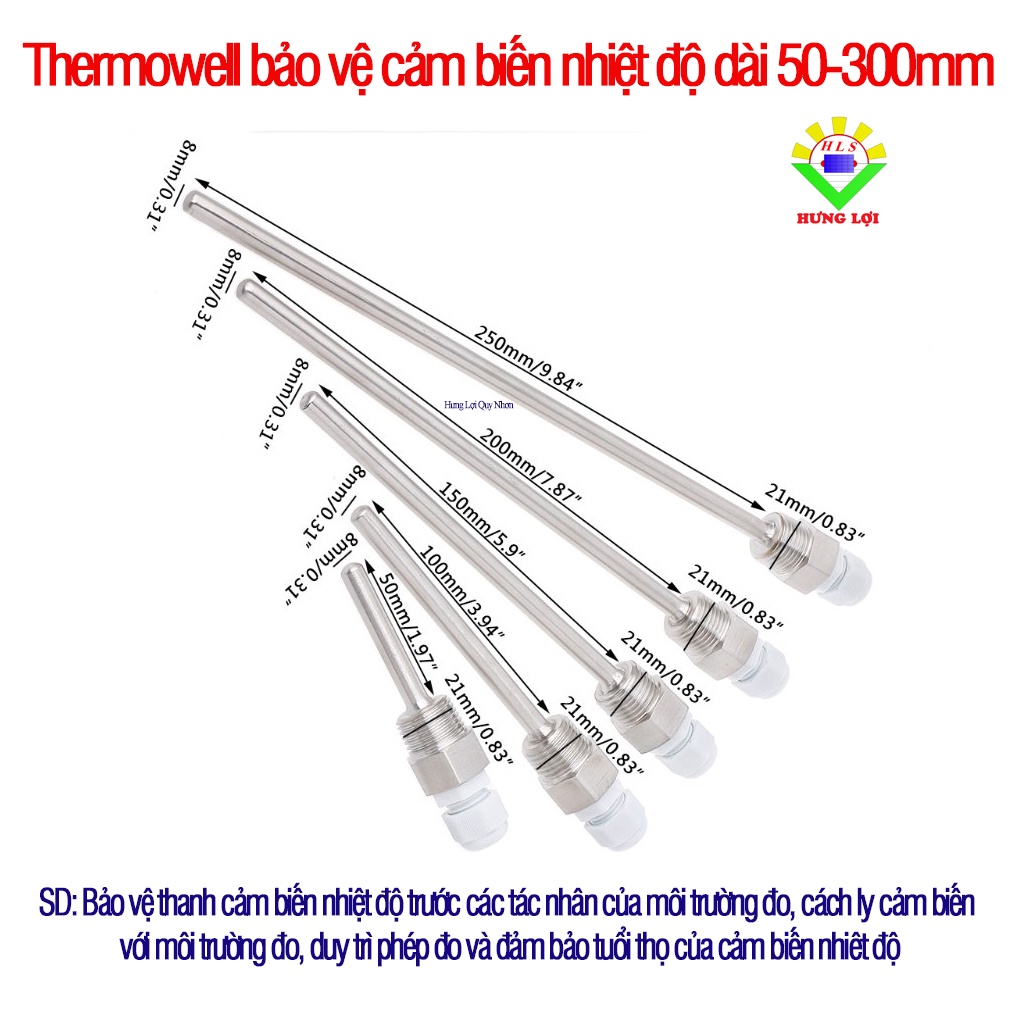 Thermowell bảo vệ cho cảm biến nhiệt độ dài 50-300mm inox 304 dùng cho máy nước nóng năng lượng mặt trời