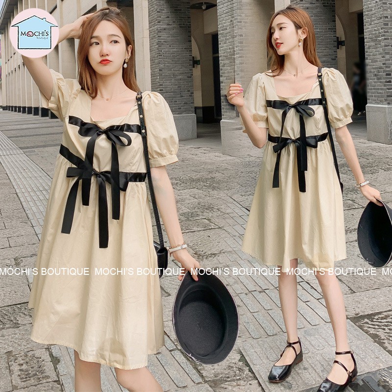 Váy đầm nữ dáng suông rộng, mẫu váy babydoll cổ vuông tay bồng điểm nhấn nơ điệu đà, nữ tính che khuyết điểm - M061