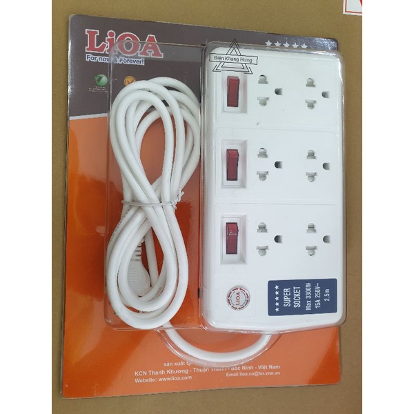 Ổ cắm kéo dài đa năng LiOA 6 ổ cắm Công suất lớn 3300W Dây 2.5m 2 lõi 6SS2.5-2