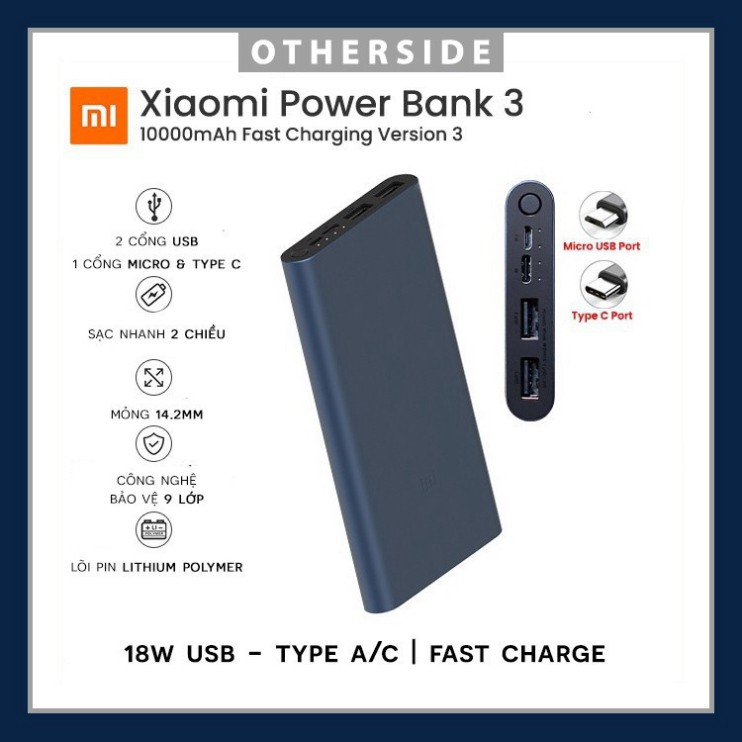 Sạc Dự Phòng Xiaomi Gen 3 10.00mAh - Pin sạc dự phòng Polymer 10.000mAh Xiaomi Mi 18W Fast Charge Power Bank 3