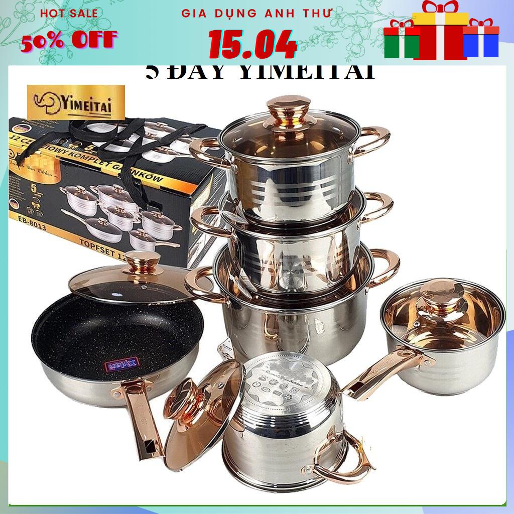 Set Bộ nồi Đức 5 đáy Yimeitai gồm 6 món lắp hợp kim vàng dùng cho mọi loại bếp điện, bếp từ, bếp ga