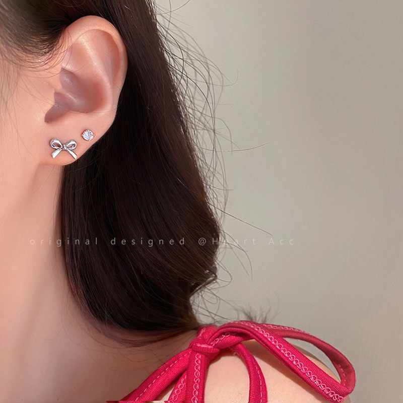 Set 6 khuyên tai AY hình nơ và quả cherry màu đen đính đá giả thời trang cho nữ