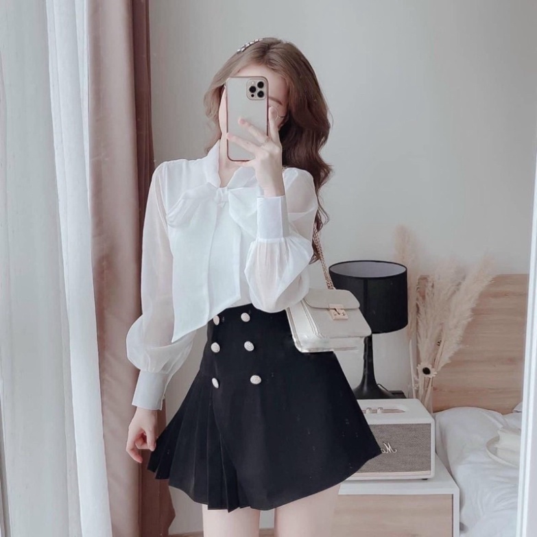 Áo sơ mi tay bồng cổ nơ khuy ngọc tiểu thư 2 lớp mặc tết, đi làm cực xinh mầu trắng, babydoll ulzzang mềm nội y xanh