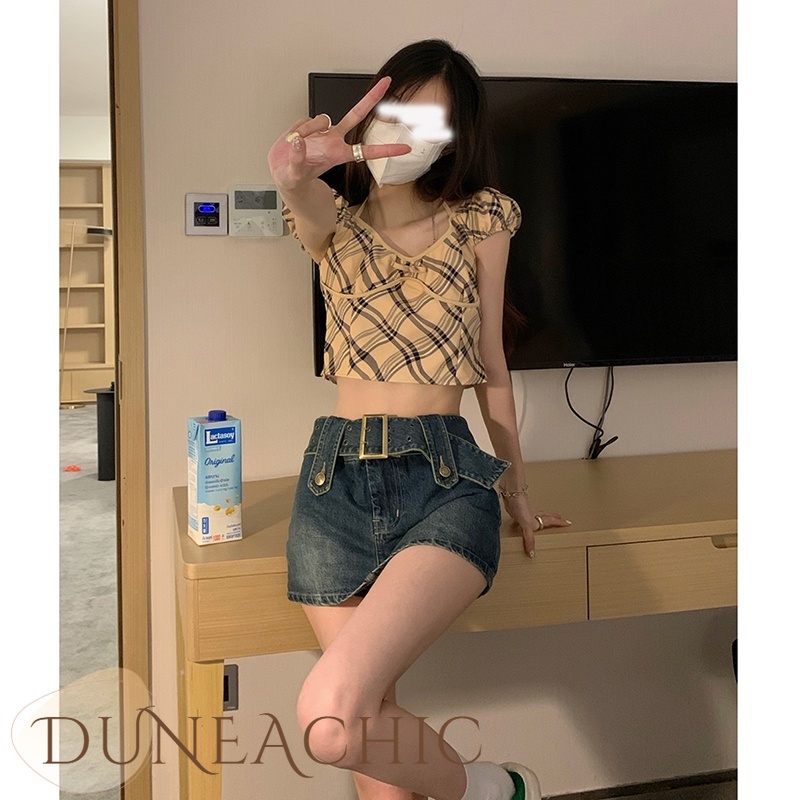 DUNEA Chân váy jean dáng ngắn lưng cao thời trang dành cho nữ
