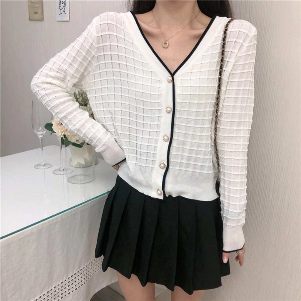 CHIKITO | Áo Len Cardigan Tay Dài Cổ V - Áo Kiểu Khoác Croptop Quảng Châu 2 Màu Trắng - Đen Kiểu Dáng Ulzzang