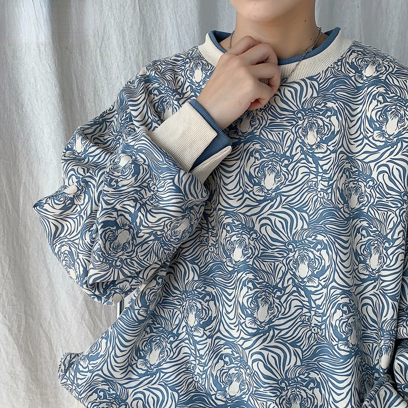 Áo sweater chui đầu cổ tròn in họa tiết hổ dáng rộng phong cách Retro thời trang cho nam size M-2XL