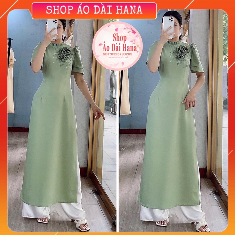 Áo dài xanh đính hoa tay cánh tiên, áo dài cổ xếp ly đính hoa cùng màu tay cánh tiên