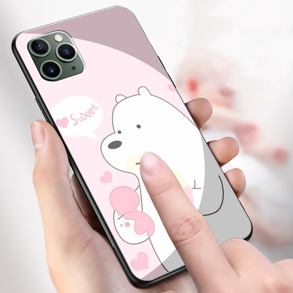 128S we bare bears moon iPhone 11 Pro XS Max XR X 8 7 6 6S Plus TPU Tempered Glass Case