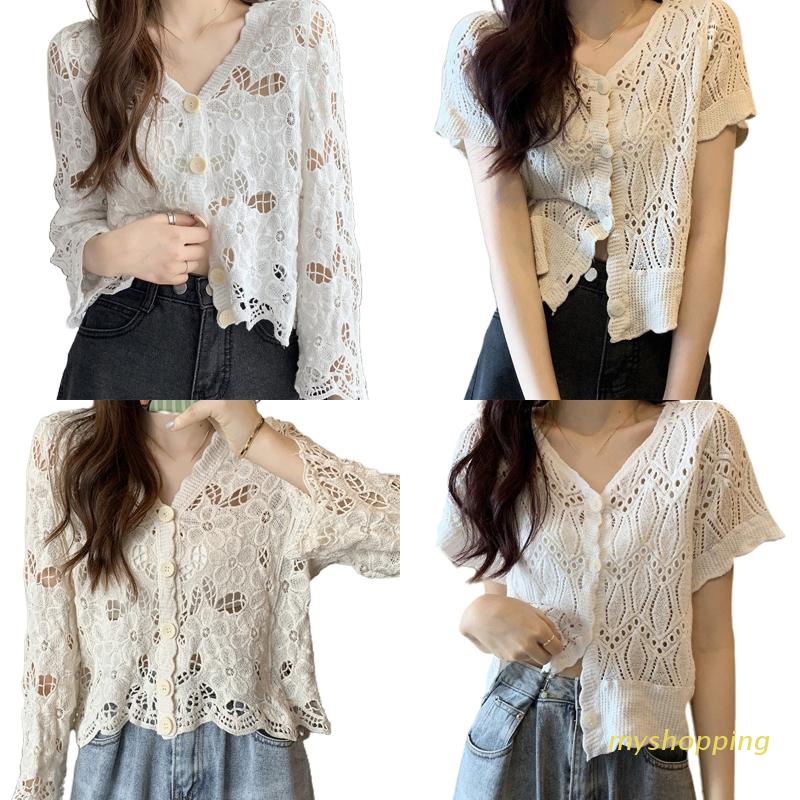 Áo khoác cardigan dệt kim cổ chữ V phối nút họa tiết hoa thời trang sành điệu