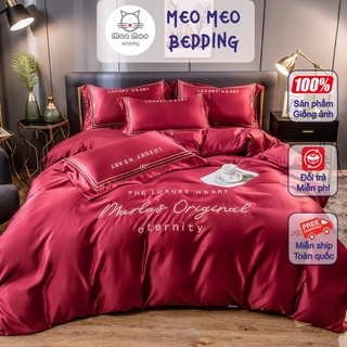 Bộ Chăn Ga Gối Phi Lụa Marlas Original Họa Tiết Thêu - Sét 4 Món