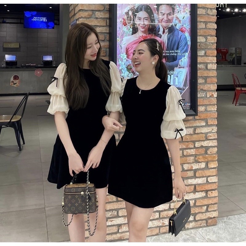 Váy Nhung Đen Phối Tay Bồng Đính Nơ