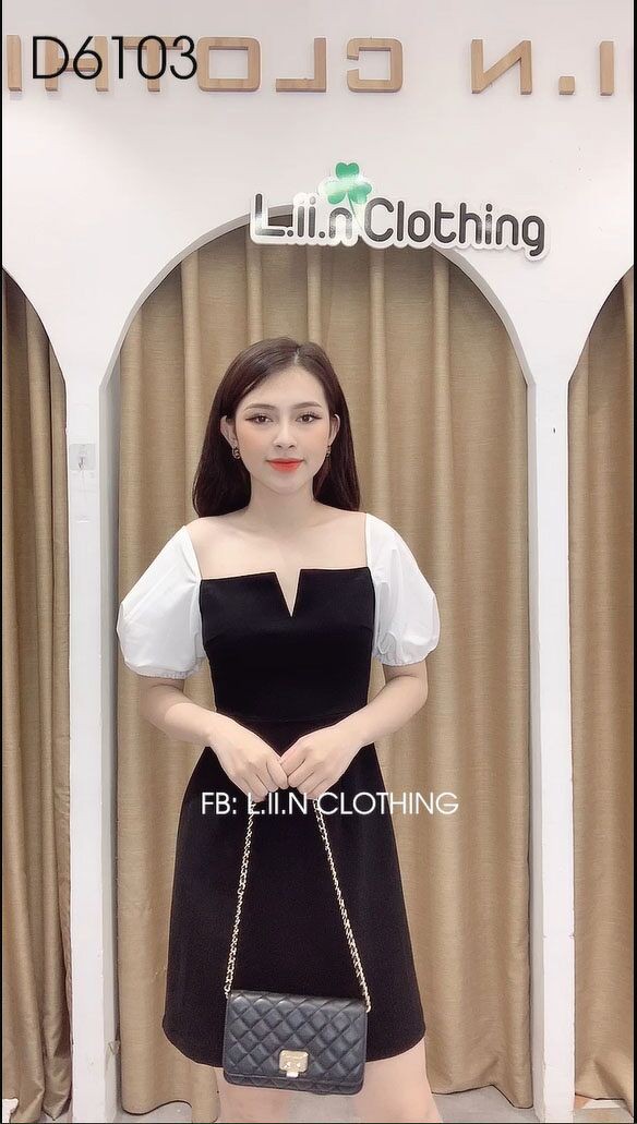 Váy nữ Đen trễ vai phối Tay Bồng Trắng sang trọng Liin Clothing D6103 | BigBuy360 - bigbuy360.vn