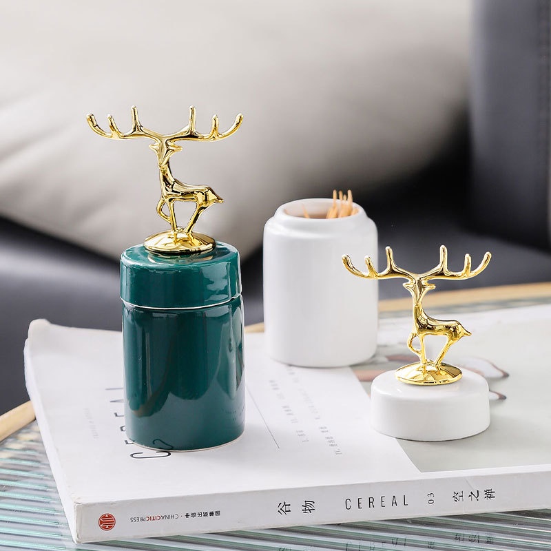 Lọ Hũ Để Tăm gốm Sứ cao cấp màu xanh đậm hươu vàng sang trọng