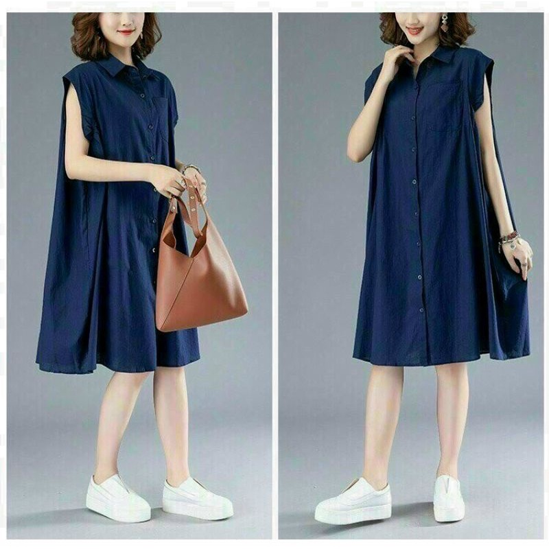 Đầm Sơ Mi Nữ Công Sở Form Rộng Ulzzang ,Váy Đũi Dáng Suông Chữ A Cổ Sơ Mi Tay Sát Nách Có Túi Ngực ,Màu Xanh Đen ,Size L