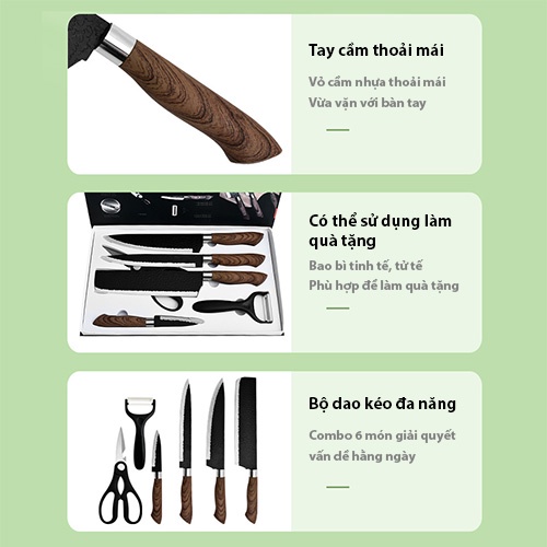 Bộ dao 6 món - Bộ dao nhà bếp 6 món cao cấp cán gỗ, chống gỉ-K1806