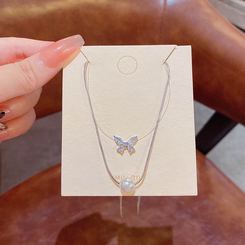 Vòng cổ Hai Lớp Mặt Hình Bướm Đính Đá Zircon Ngọc Trai Sang Trọng Thời Trang Mùa Hè 2022 Dành Cho Bạn Nữ