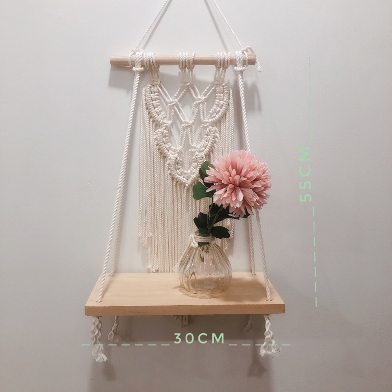 Kệ gỗ treo tường không khoan tường tết dây macrame trang trí phòng decor nhà xinh xắn