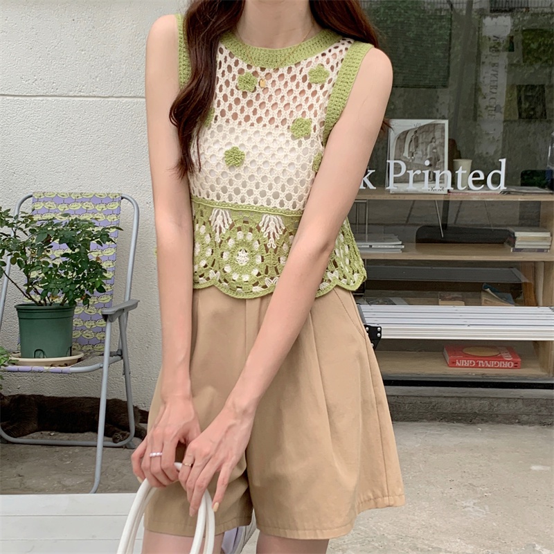 Áo Tank Top Dệt Kim Sát Nách Dáng Ngắn Phối Lỗ Lưới Thời Trang Cho Nữ