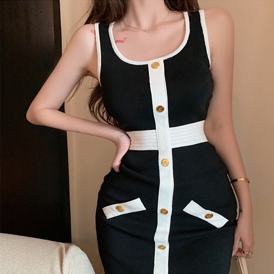 Đầm dệt kim ZHELIHANGFEI hai dây mỏng mùa hè phong cách Pháp