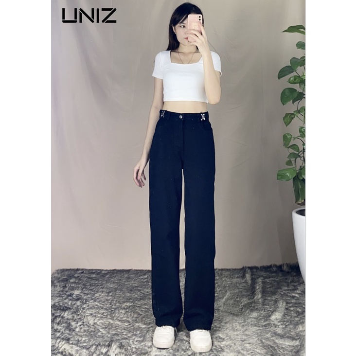 Quần Jean Suông Trơn UNIZ (Màu Đen), Unisex, Dáng Dài, Cạp Cao, Móc Cài, Ống Suông Và Rộng, Vải Jean Mềm, Không Bai