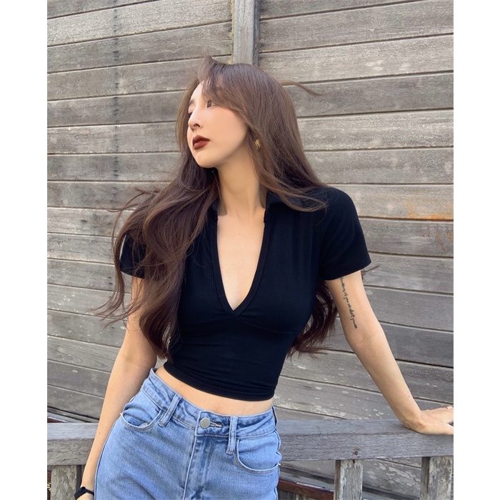 QKOOLE Áo thun lửng  tay ngắn cổ bẻ chữ V thời trang cho nữ