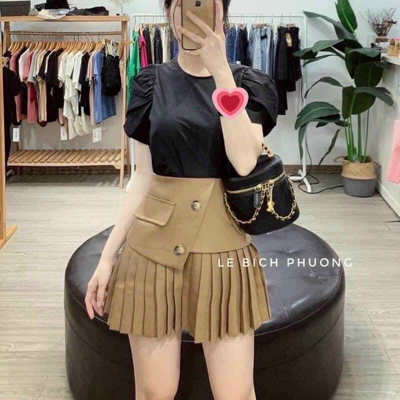 Chân váy xếp ly vạt chéo hai nút phong cách thời trang CV019 Okella (có ảnh shop chụp)