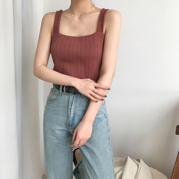 Áo Hai Dây Dệt Kim Cổ Vuông Màu Trơn Thời Trang 34921