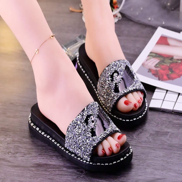 2020Dép Quai Ngang, Dép Kim Cương Thời Trang Mùa Hè, Dép Rhinestone, Đế Dày Mặc Bên Ngoài, Gót Trung Phong Cách Hàn Quốc, Nữ Mặc Bên Ngoài