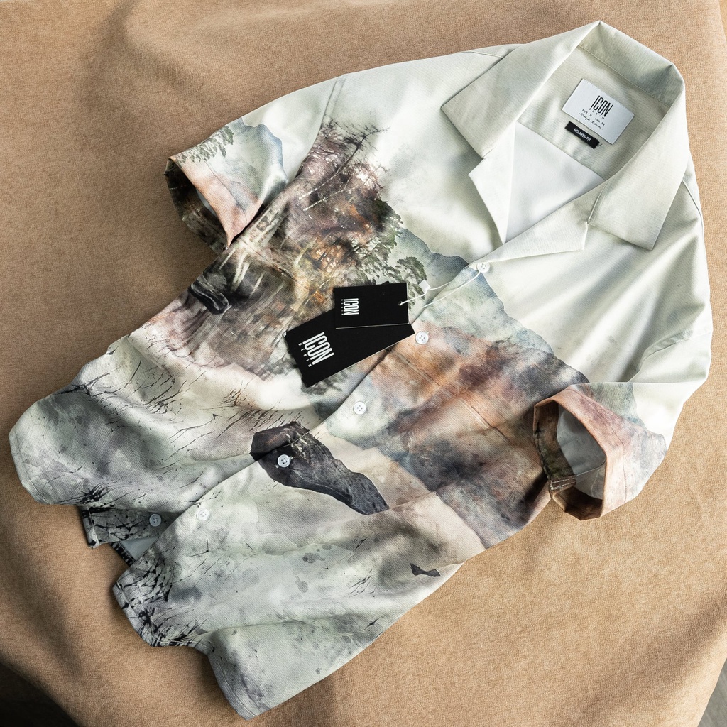 Áo sơ mi nam họa tiết nhiệt đới, chất vải siêu mịn mát 8400