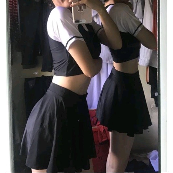 Đồ bơi bikini nữ kín đáo áo croptop đen tay ngắn phối chân váy HM49VA