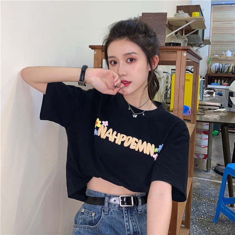 Áo Croptop Tay Ngắn Dáng Rộng Thiết Kế Mới Thời Trang Theo Phong Cách Hàn Quốc Cho Nữ