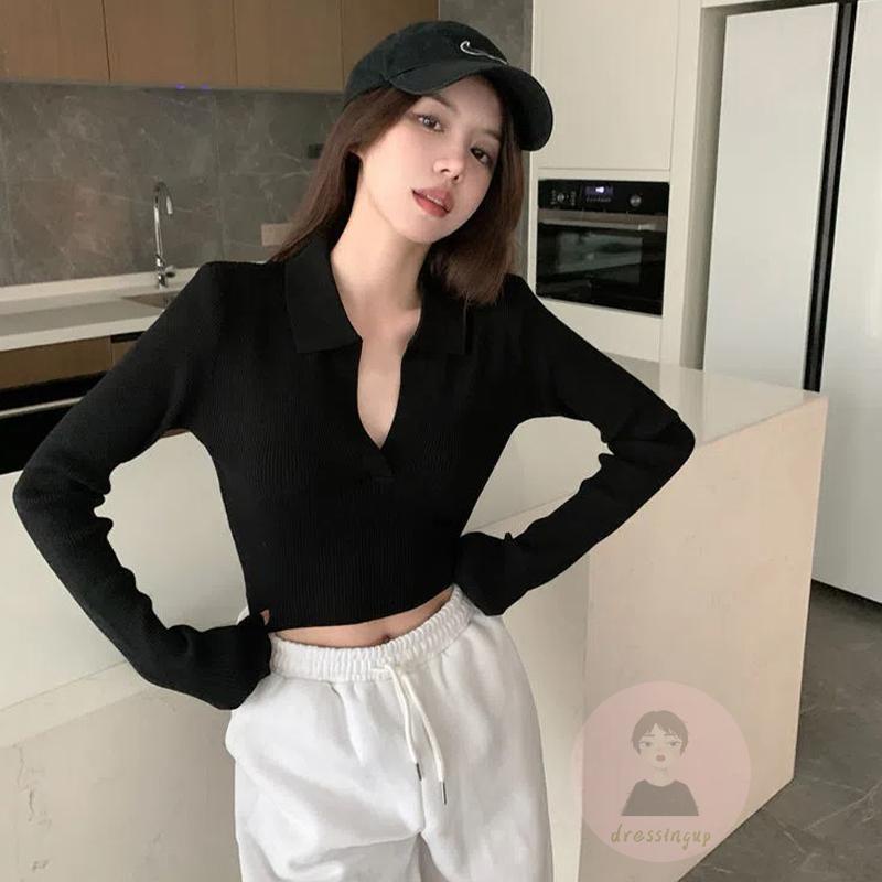 Áo Croptop Dệt Kim Tay Dài Cổ Chữ V Màu Sắc Đơn Giản Cho Nữ