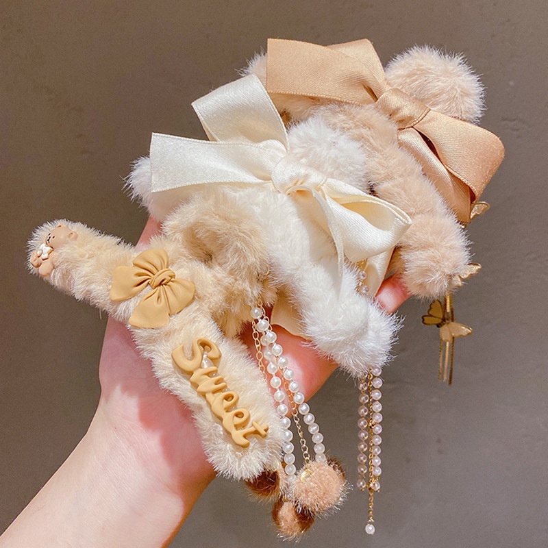 IF ME Kẹp Tóc Hình Nơ Phối Lông Nhiều Màu Sắc Ngọt Ngào