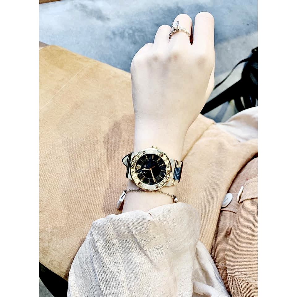Đồng hồ nữ chính hãng Versace Greca Logo - Máy Quartz pin Thụy Sĩ - Kính Sapphire - Dây da đen